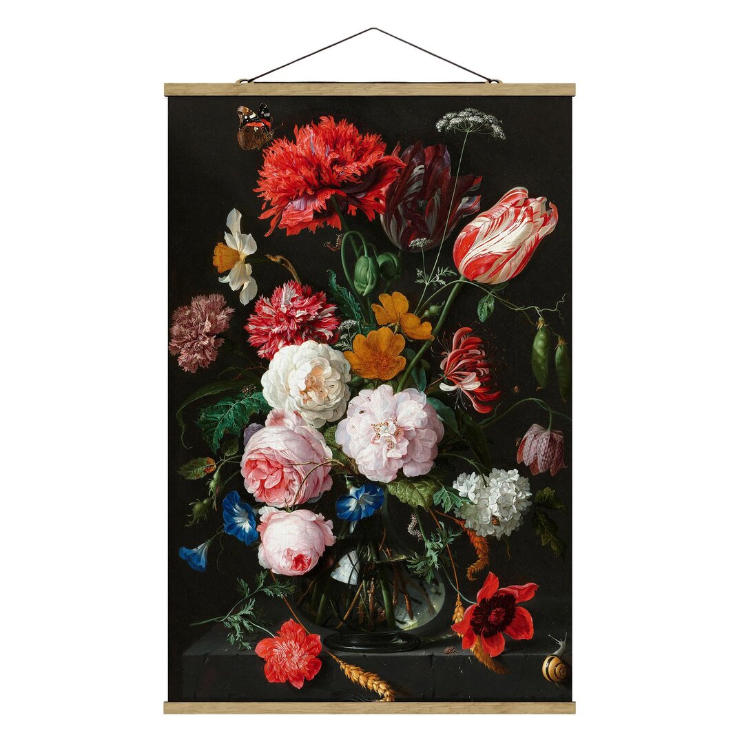 Stoffbild Stillleben mit Blumen in einer Glasvase von Jan Davidsz De Heem