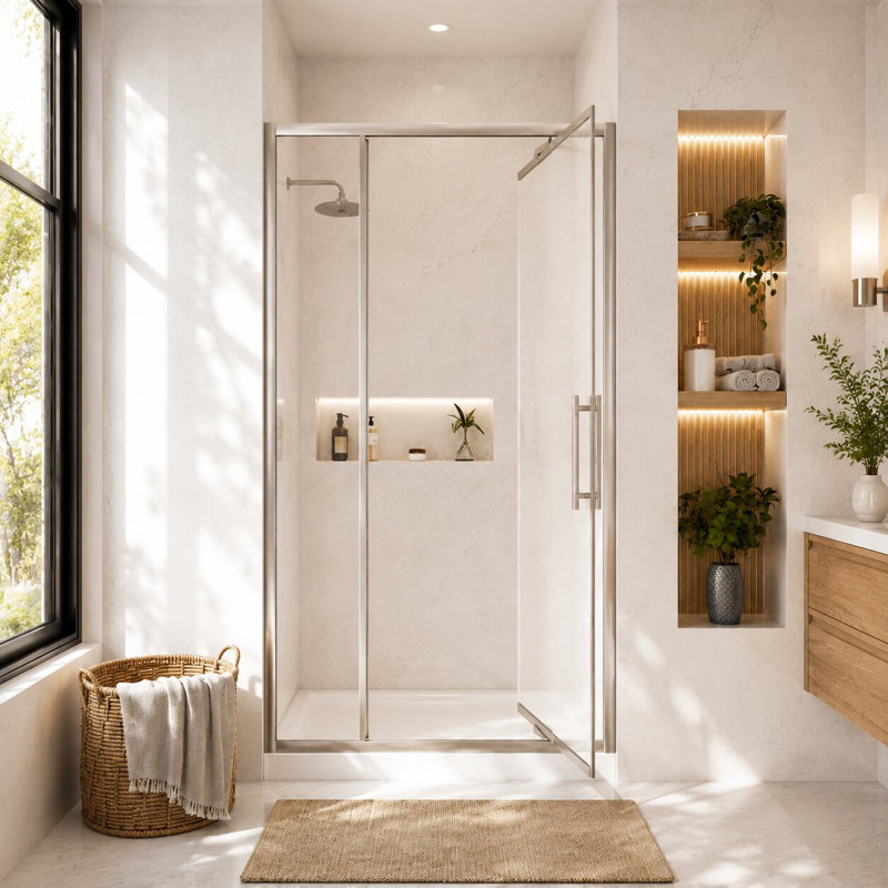 Porte de douche pivotante vers l'intérieur à faible encombrement l 40 à 42 po x H 76 po, nickel brossé, verre clair de 1/4 po.