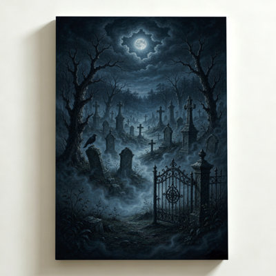 Art d'Halloween sur toile 24 po x 36 po, cimetière gothique de nuit: brouillard au clair de lune et corbeau perché, impression d'art romantique foncé sur toile. Décoration murale moderne pour chambre à coucher, salon et bureau personnel