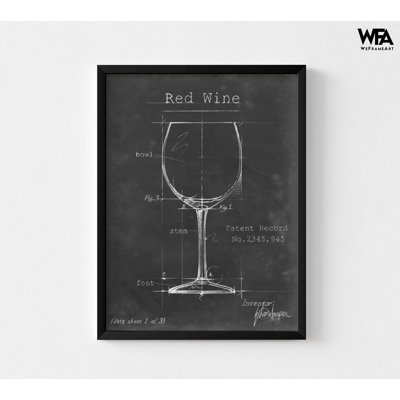 Red Wine Glass Blueprint, Framed Wine Lover Gift, Bar Wall Decoration, Sommelier Gift Print, Black And White Print, Framed Wall Art 5X7"
