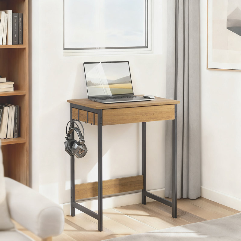 Petit bureau d'écriture de coin avec 1 tiroir et 2 crochets pour bureau, brun, Brun / Noir