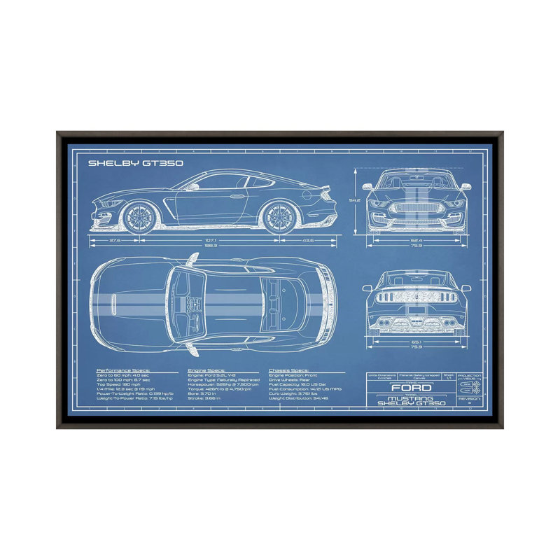 GT350 Shelby (2015-2019) Blueprint-impression de dessin, Toile encadrée de bois rustique foncé, Pas de tapis