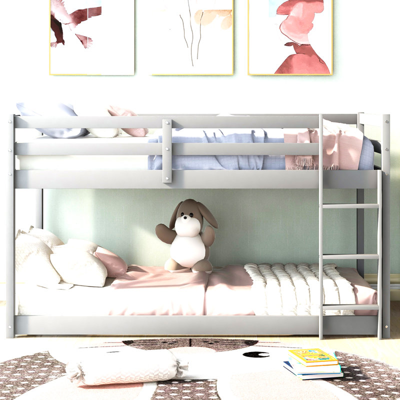 Lit superposé simple au-dessus d'un lit simple avec échelle, gris