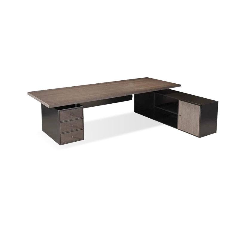 Tan+Black Rectangular Solid Wood+Iron desks, Right Hand Return, 29.53" H x 78.74" W x 31.5" D