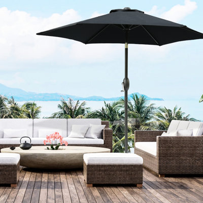Parasol de patio noir de 7,5 pi Eau. Poteau en aluminium. Mécanisme de manivelle et d'inclinaison. Convient aux terrasses, jardins, piscines, terrasses et parasols - noir. Tissu avec résistance. Fonction en acier. Bon pour