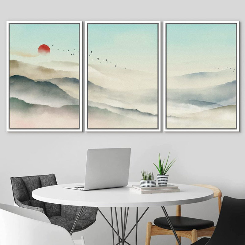 «Abstract Landscape Mountain Range Misty Valley», peinture sur toile flottante 3 pièces, H 24 po x l 48 po, Cadre blanc