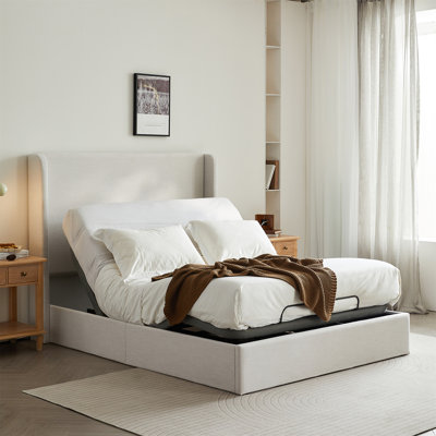 Caron Upholstered Wingback Bed With Adjustable Base Bundle Set