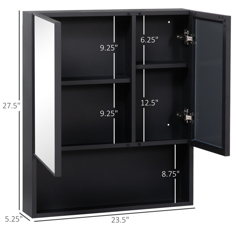 Armoire à pharmacie noire avec portes doubles et grandes tablettes pour miroir de salle de bain