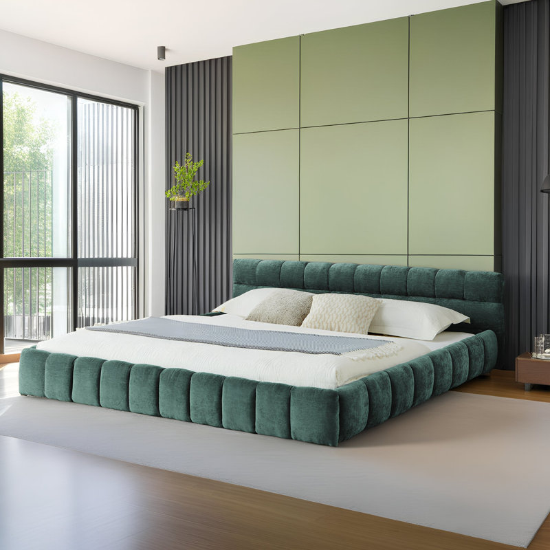 Upholstered California King Platform Bed with Headboard - Soft Chenille Fabric, No Box Spring Needed, Green