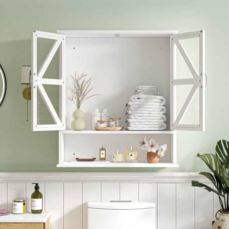 Armoire de salle de bain murale en bois blanc avec tablette réglable, portes doubles en forme de X en acrylique et armoire à pharmacie avec rangement ouvert