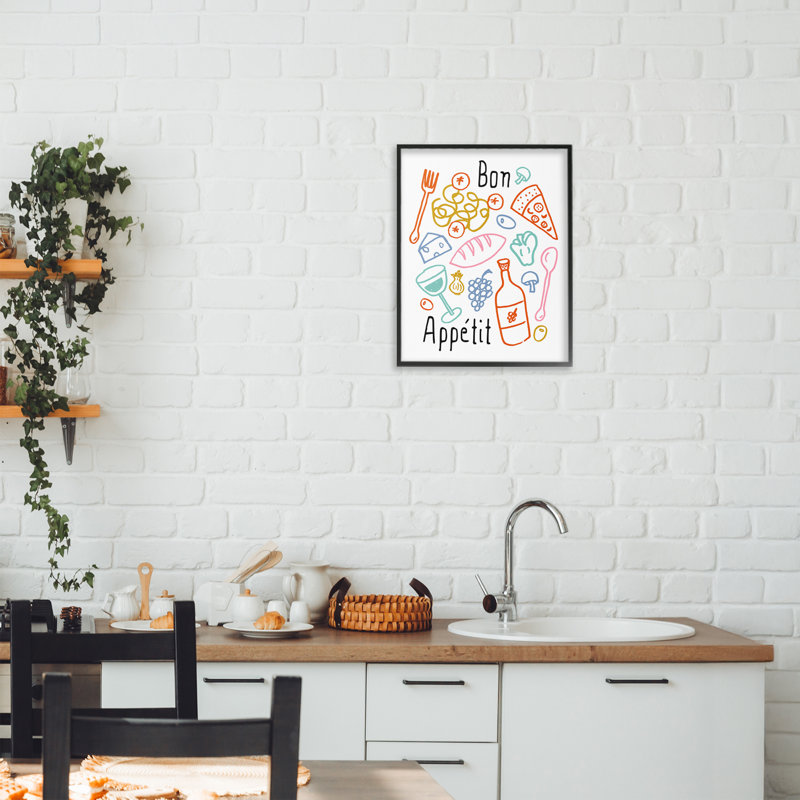 Bon appétit, croquis colorés, estampe numérique, design par Heather Dutton, H 14 po x l 11 po, Giclée encadrée noir minuit
