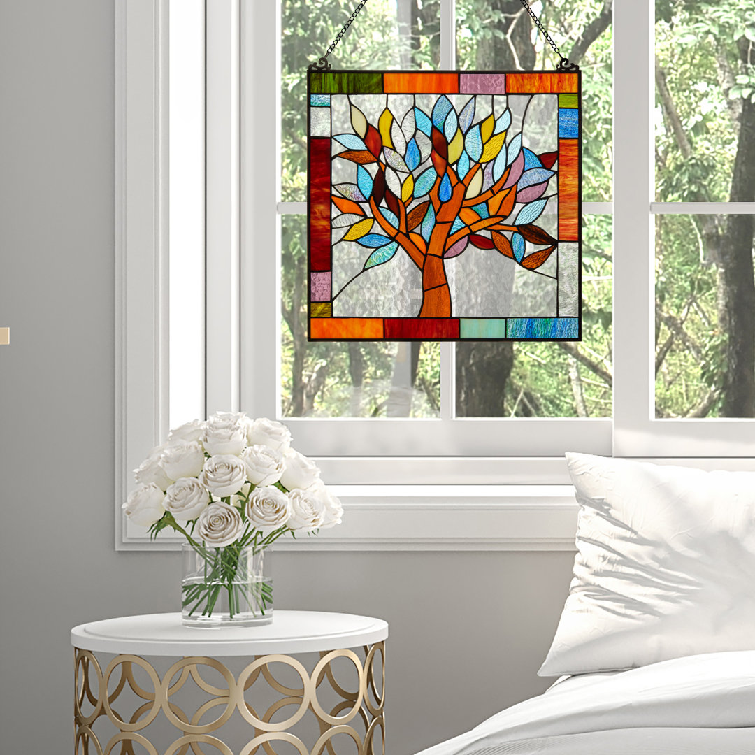 18"H Tiffany Style-Stained Glass Mystical Tree Window Panel Fleur De Lis Living