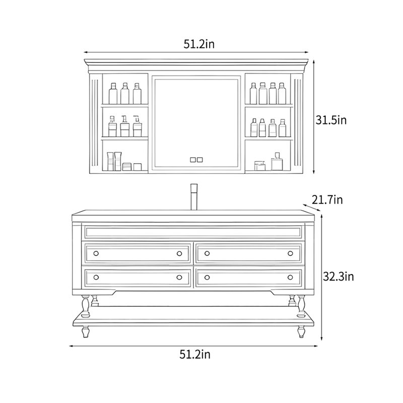Armoire de salle de bain rétro française, H 32,3 po x l 51,2 po x P 21,7 po, Noir