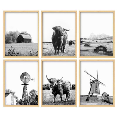 Framed Wall Art Collage Print Gallery Set, Rustic Farmhouse Vintage Barns, Highland Cows, and Windmills Illustrations Modern Decorative for Living Room, Bedroom, Office