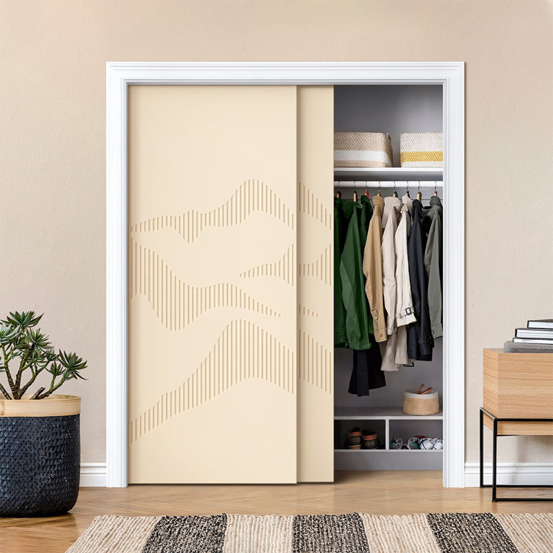 Panelled Manufactured Wood Double Sliding Closet Doors, Beige, 84" x 80"