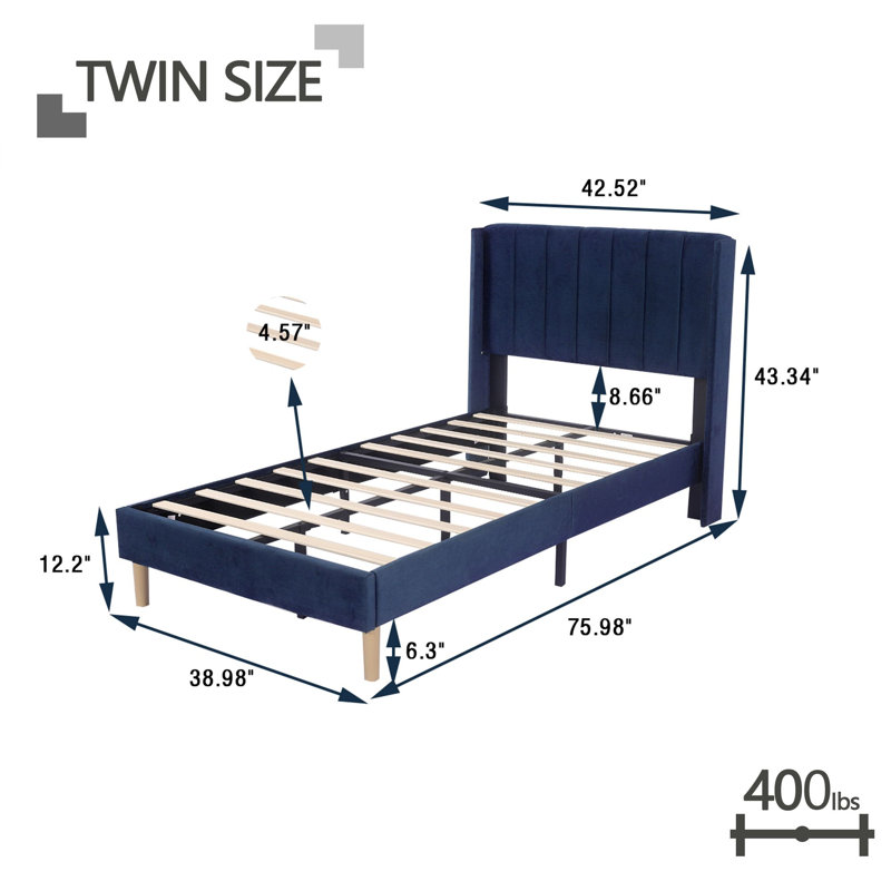 Upholstered Wingback Bed, Twin, Blue