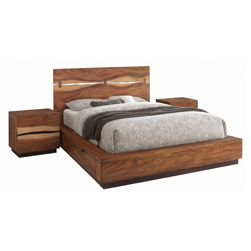 Ensemble de chambre à coucher 3 pièces Ashcombe en noyer fumé, format queen, avec lit plateforme de rangement et tables de chevet