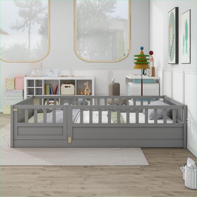 Lit plateforme double en pin massif gris ardoise Montessori pour chambre d'enfant, Full, Grey