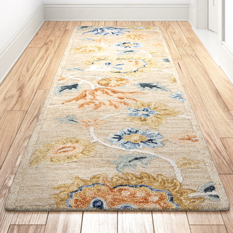 Camron Floral Handmade Tufted Wool Beige/Blue Area Rug, Runner 2'3" x 9'
