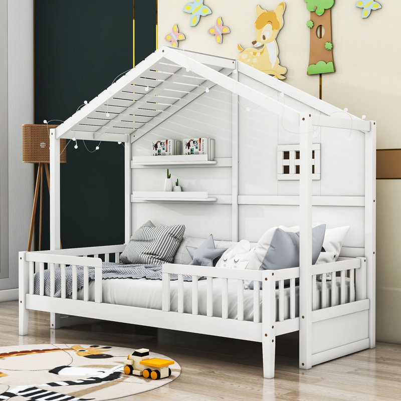 Lit simple en bois avec tablettes Trong, Blanc