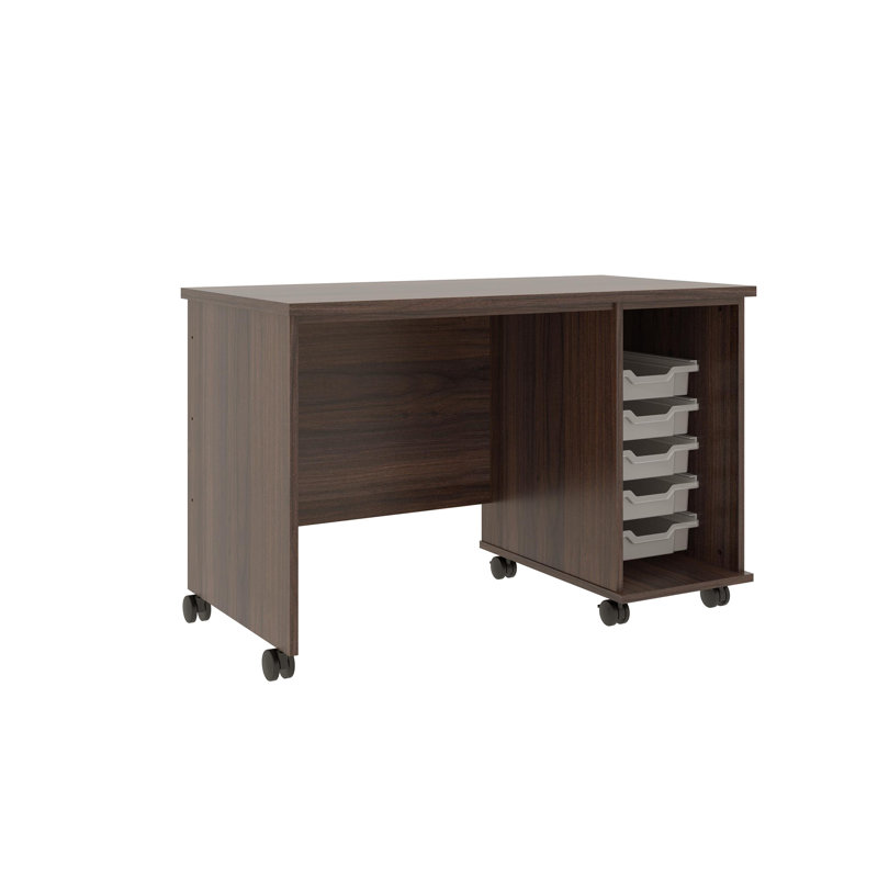 Bureau pour enseignant l 48 po x P 24 po x H 30 po avec 5 bacs de rangement et roulettes verrouillables, Noyer sépia