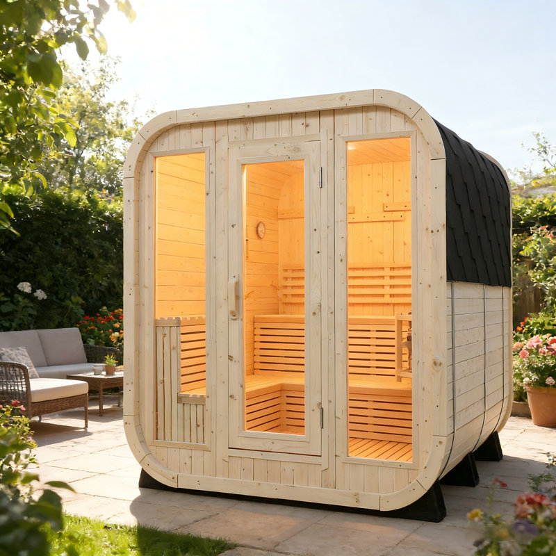 Outdoor Traditional Steam Sauna For 4-6 People, White Pine Square Sauna Room With Tempered Glass Door, Weatherproof Roof