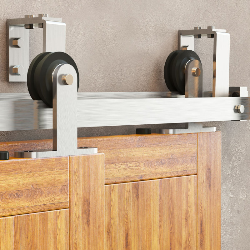 Brushed Nickel Top Mount T-Shape Design Double Track Bypass Two Door Barn Door Hardware Kit (Door Not Included), 96 in.