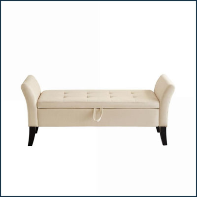 Banc de lit 51,5 po avec rangement | Velours beige doux | Pieds en bois massif