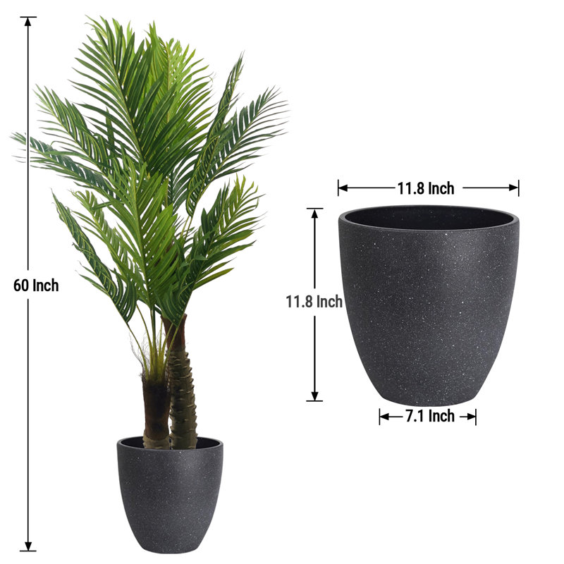 Palmier artificiel de type C et pots ronds en résine avec plateau, Gris, H 23,62 po x l 59,84 po x P 23,62 po