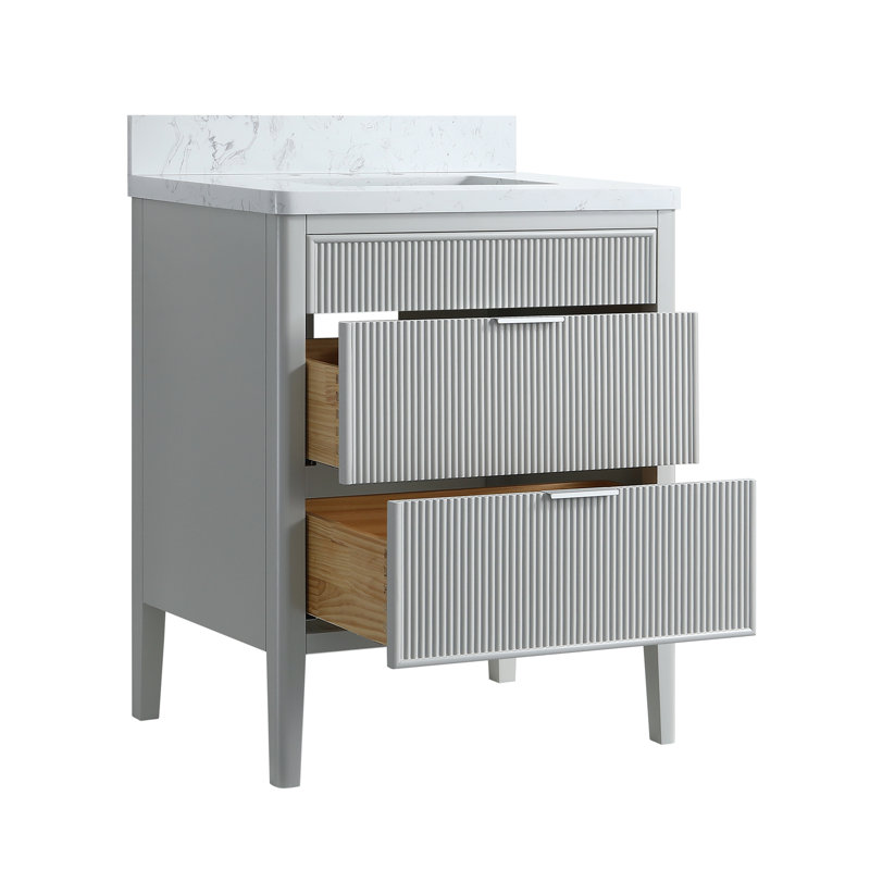 Meuble-lavabo autoportant gris de 76 cm (30 po) entièrement assemblé, avec un seul lavabo, un dessus en marbre reconstitué et des tiroirs à fermeture amortie.
