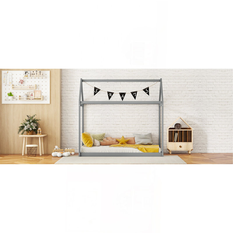 Twin Size Wooden House Bed, Gray