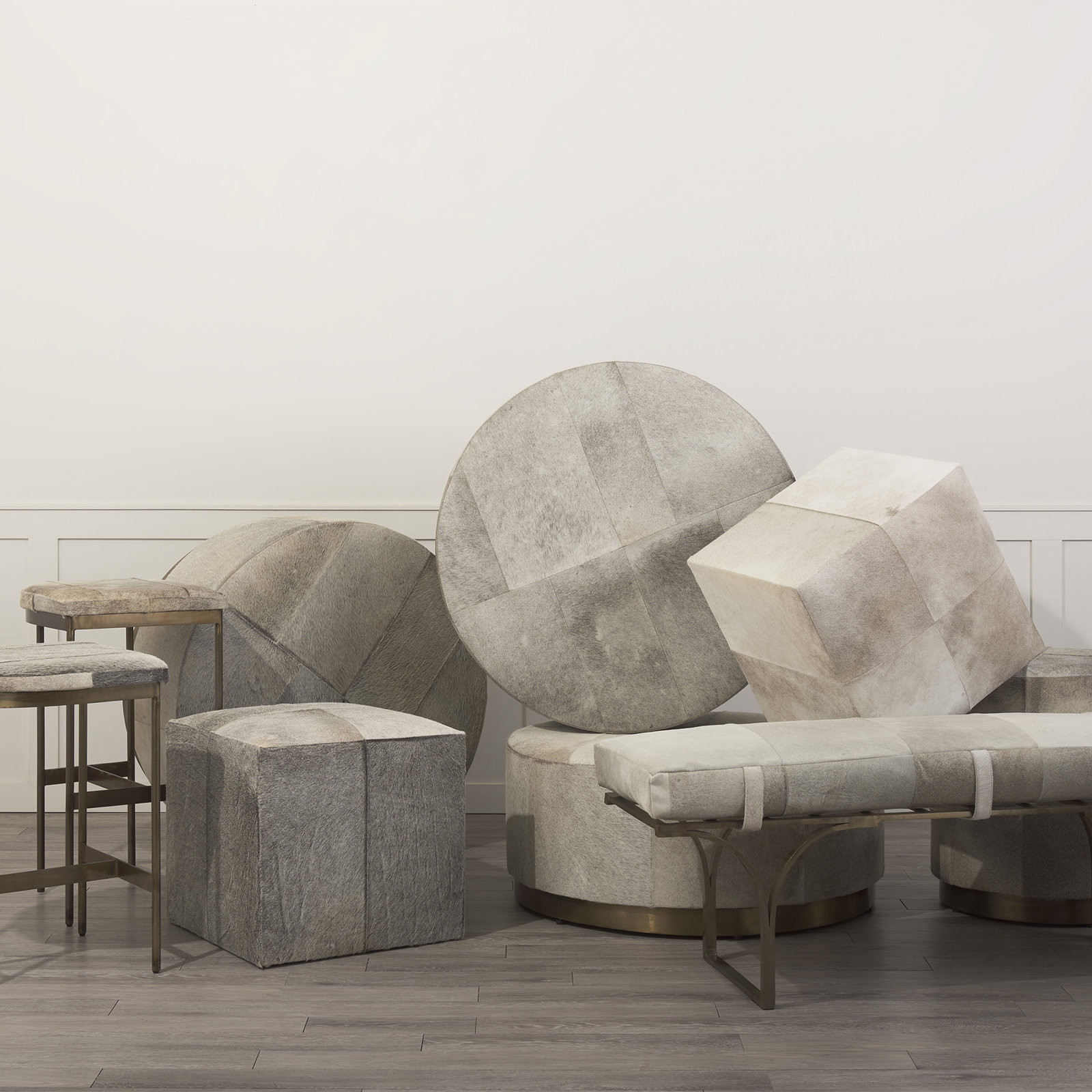 Magnolia Bench, Gray Hair on Hide Genuine Leather