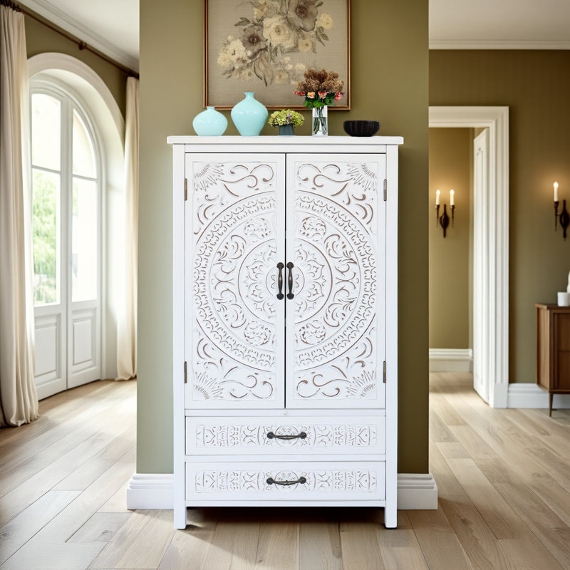27'' White Accent Tall Storage Cabinet, Tower Sideboard with Drawers & Doors