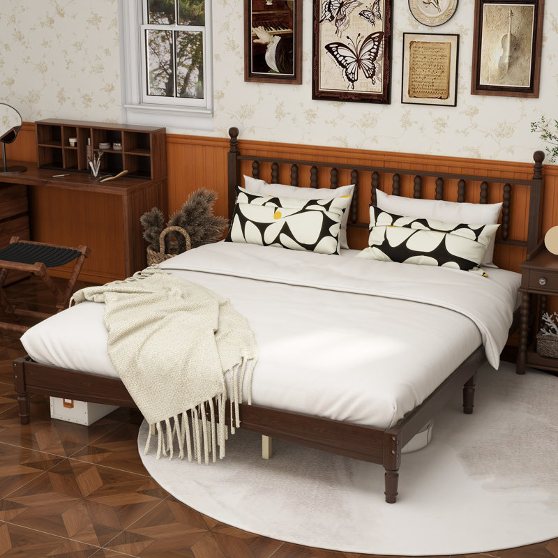 Lit plateforme très grand en bois avec tête de lit en forme de gourde, lit plateforme de style rétro avec support en lattes de bois, noyer
