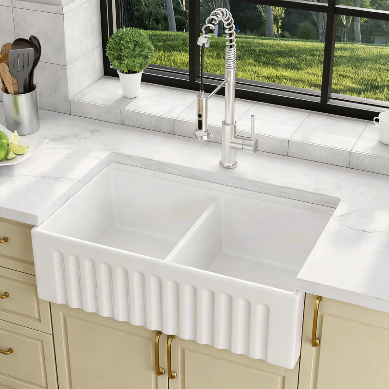 33" L x 20" W Ceramic Farmhouse Kitchen Sink Workstation Sink White Ceramic Double Bowl 50/50 Sink