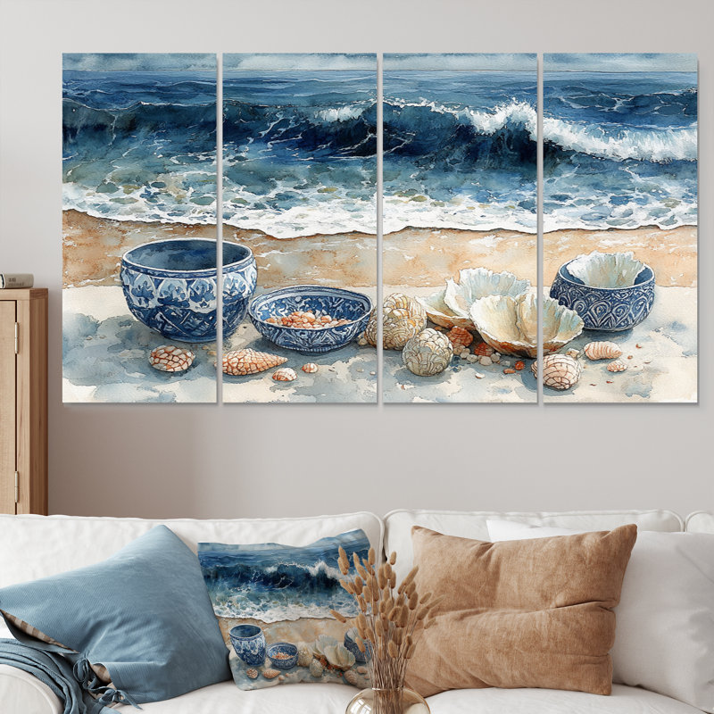 Beach Pottery In Blue And White Tones IV - Beach Pottery Canvas Art Set, 32" H x 64" W