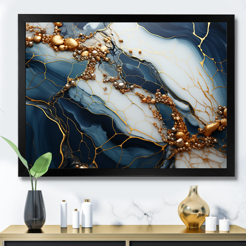 Encre de marbre dorée et bleue - Art mural en marbre, H 30 po x l 40 po x P 1,5 po, Cadre d'angle fermé noir