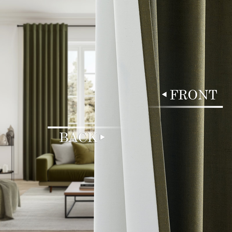 Dennan 100% Blackout Thermal Insulated Linen Drapes with Back Tab & Hooks, 52" W x 90" L, Olive Green