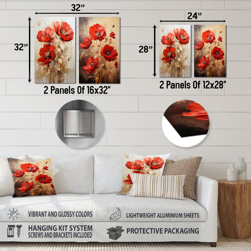 Poppies Scarlet Solitude - ensemble de 2 impressions murales en métal coquelicots, H 32 po x l 32 po