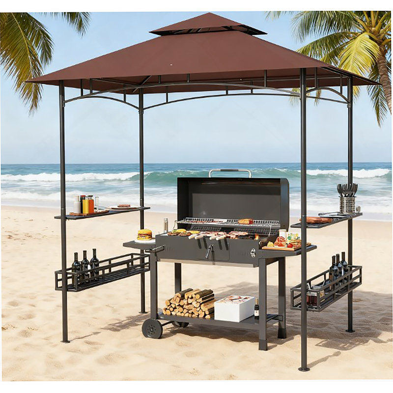 Pavillon de jardin extérieur à 2 niveaux pour barbecue, pavillon de barbecue pour barbecue, avec 2 tablettes latérales, paniers de rangement, crochet de plafond