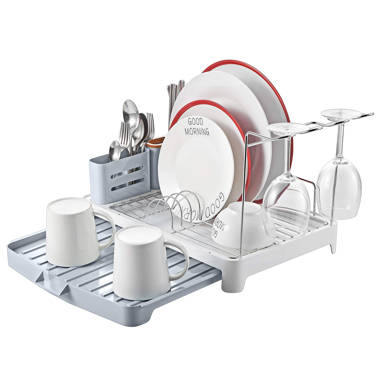 Navaris Dish Drainer Rack - Plate, Silverware, Pots and Pans Drying Rack  for Kitchen with Beechwood Handles - Modern Retro Design Drip Tray - White