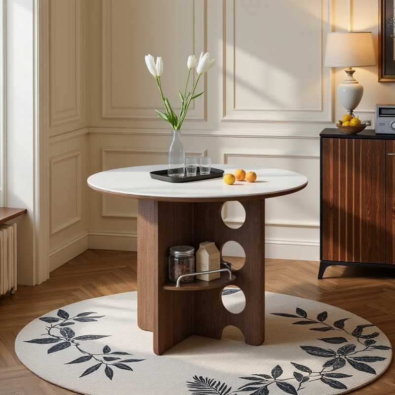 Table de salle à manger ronde 35,5 po avec tablette de rangement, plateau en pierre frittée mate et base en bois aggloméré noyer pour 2 à 4 personnes