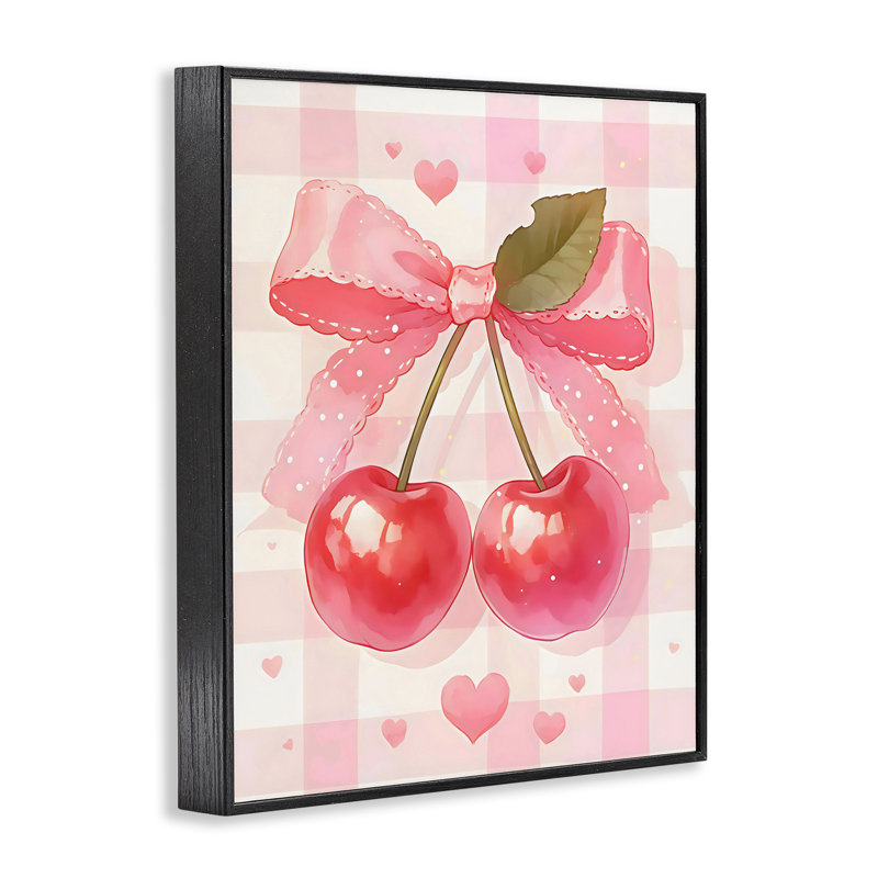 «Cherries on Pink Gingham», estampe numérique, design by Creative Studio, H 14 po x l 11 po, Giclée encadrée noir minuit