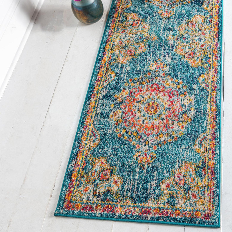 Galyean Oriental Area Rug, Turquoise , Runner 2'7" x 12'