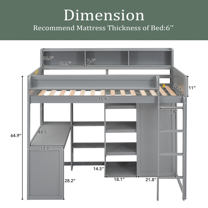 Lit mezzanine simple Jaleesia, pour enfants, Gris