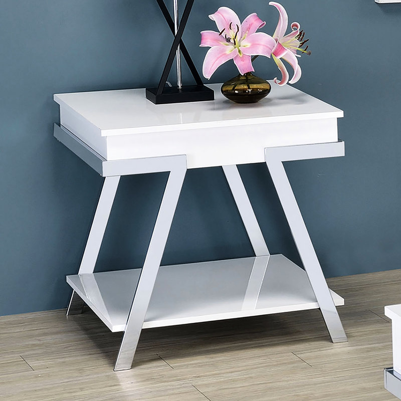 Table de bout contemporaine blanche avec placage de papier et rangement ouvert pour tablette rectangulaire