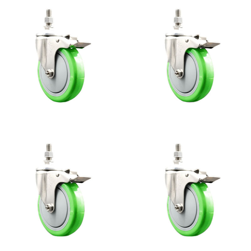 Ensemble de roulettes 5 pouces en polyuréthane vert pivotant 10mm avec roulettes
