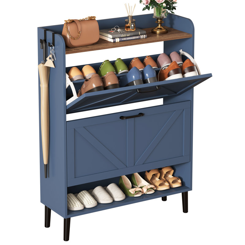 24 Pair Shoe Storage Cabinet,Free Standing Tipping Bucket Shoe Rack Organizer with 2 Flip Drawers, Navy Blue/Brown