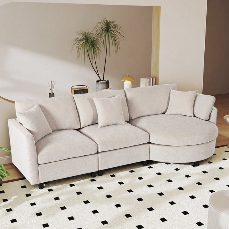 Canapé modulaire en chenille 3 pièces 105 po avec méridienne incurvée et 3 coussins décoratifs 105 po, Chenille beige