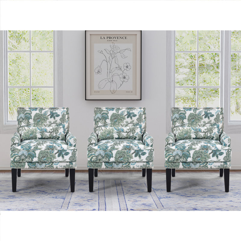 28.7'' Wide Vintage Floral Soft Upholstered Fabric Armchair With Nailhead Trim And Lumbar Pillow (Set Of 3), Green Floral